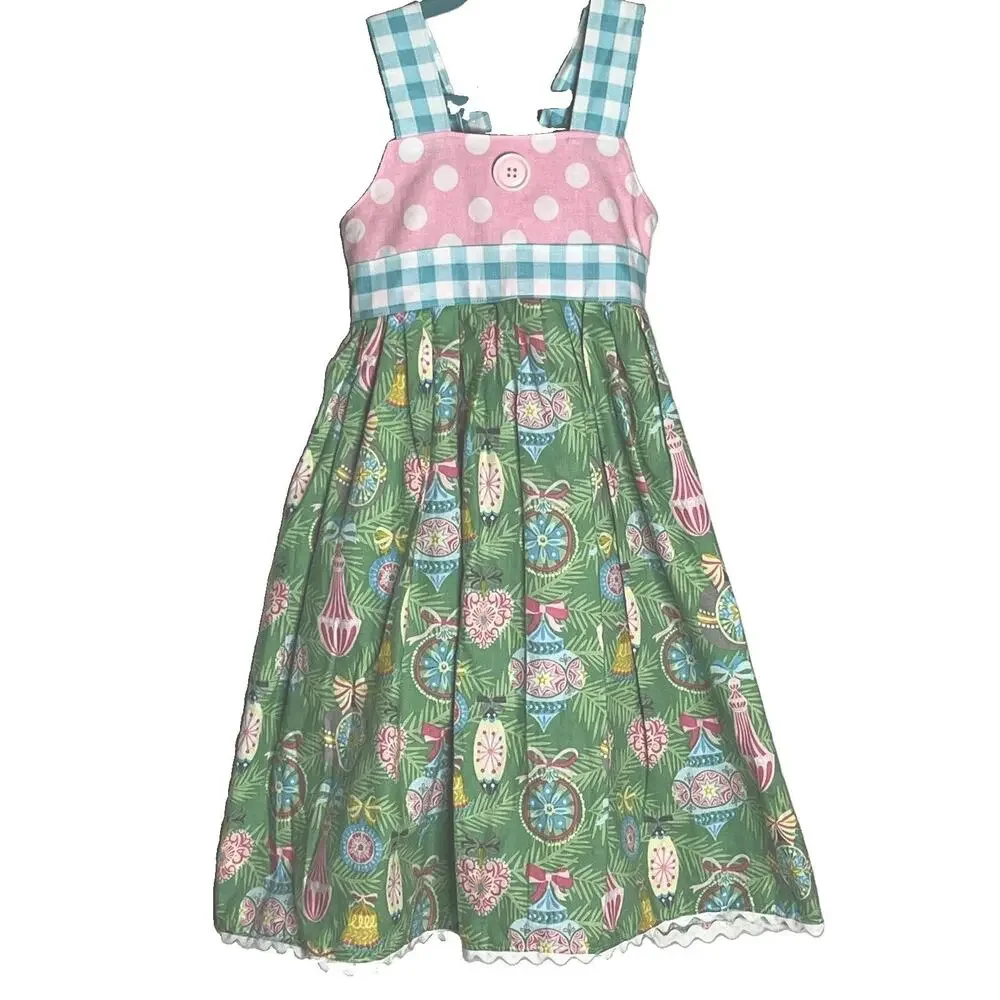 Handmade Girls Dress Jumper Sz 3-4 Pink Polka Dot Bodice Christmas Theme Skirt